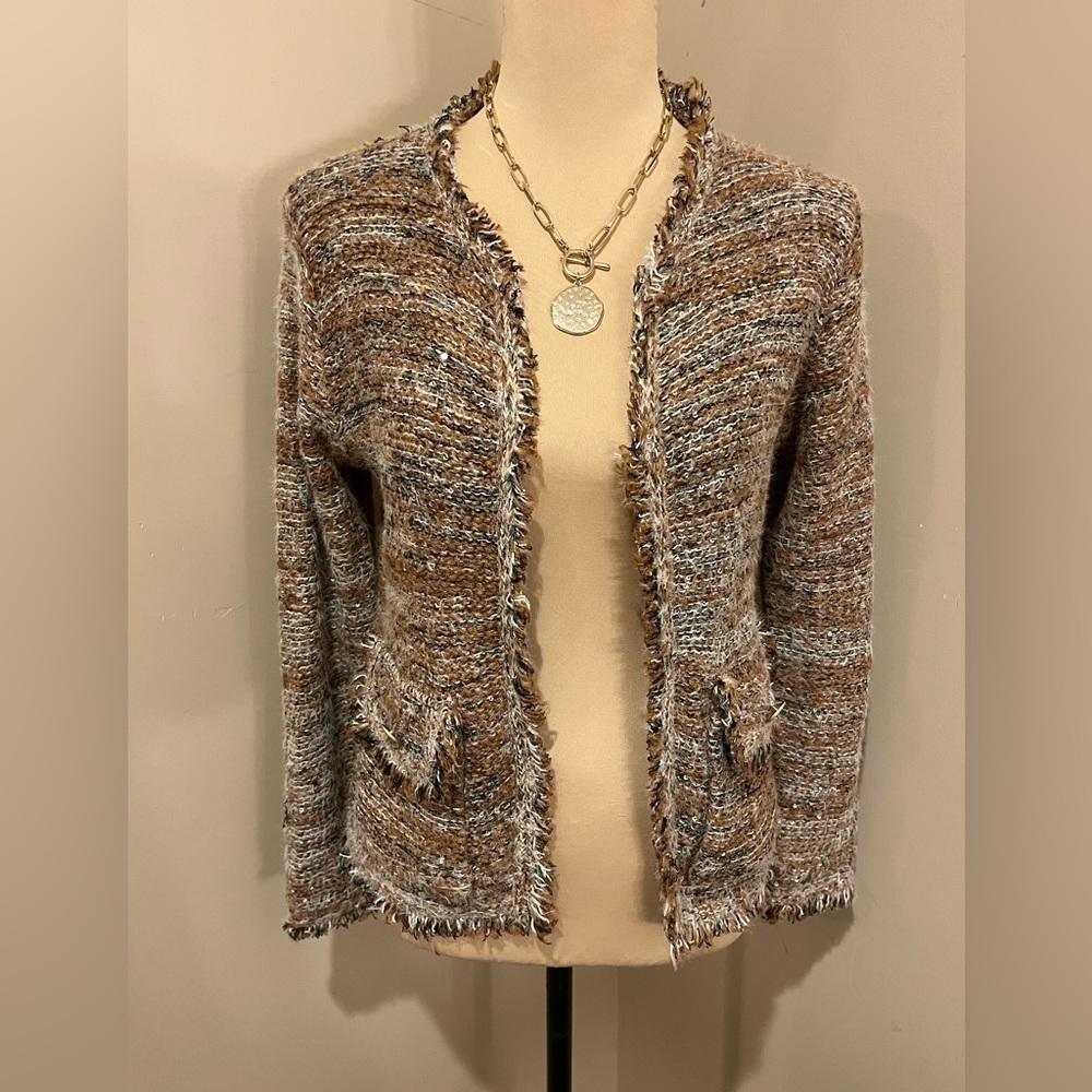 Sioni Brown Tweed Open Front Fringe Cardigan Blazer, XS